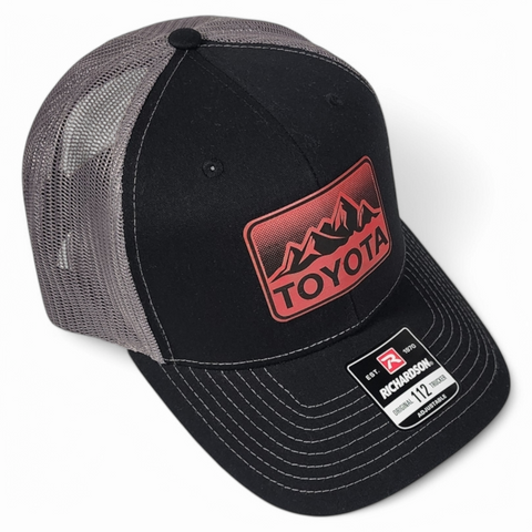 Toyota Mountains Laser Engraved Leatherette Patch Trucker Hat Black/Charcoal/Red