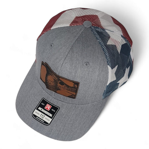 Red Fish Tail Fishing Laser Engraved Leatherette Patch Richardson Trucker Hat Cap American Flag Mesh
