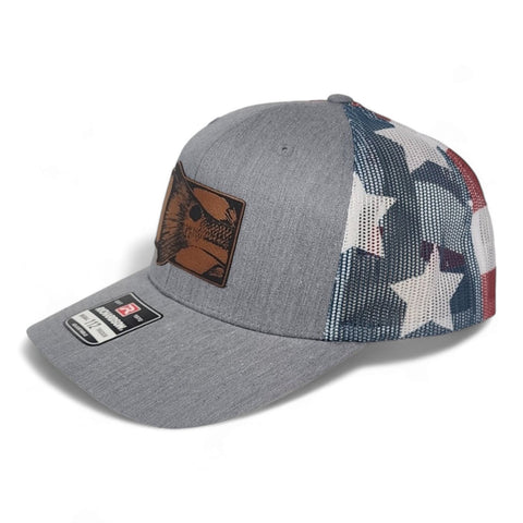 Red Fish Tail Fishing Laser Engraved Leatherette Patch Richardson Trucker Hat Cap American Flag Mesh
