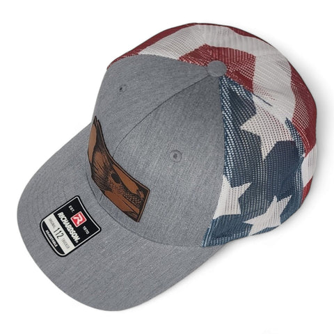 Red Fish Tail Fishing Laser Engraved Leatherette Patch Richardson Trucker Hat Cap American Flag Mesh