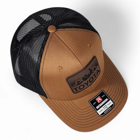 Caramel / Black Toyota Mountains Laser Engraved Vintage Style Leatherette Patch Trucker Richardson 112 Hat Cap