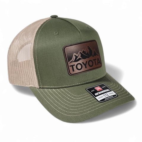 Dark Olive / Tan Toyota Mountains Laser Engraved Vintage Style Leatherette Patch Trucker Richardson 112 Hat Cap