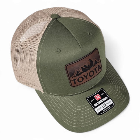 Dark Olive / Tan Toyota Mountains Laser Engraved Vintage Style Leatherette Patch Trucker Richardson 112 Hat Cap