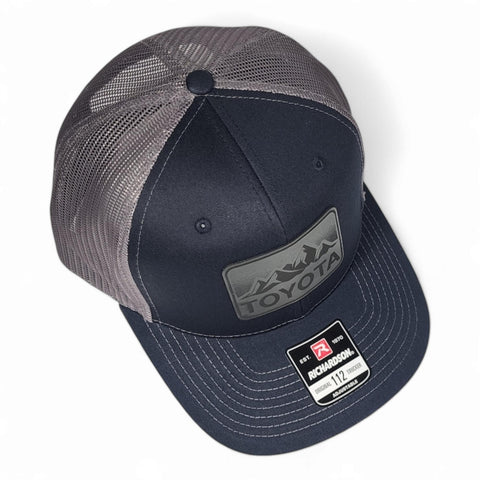 Navy / Charcoal Toyota Mountains Laser Engraved Vintage Style Leatherette Patch Trucker Richardson 112 Hat Cap