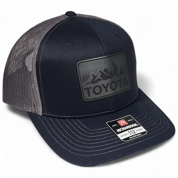Navy / Charcoal Toyota Mountains Laser Engraved Vintage Style Leatherette Patch Trucker Richardson 112 Hat Cap