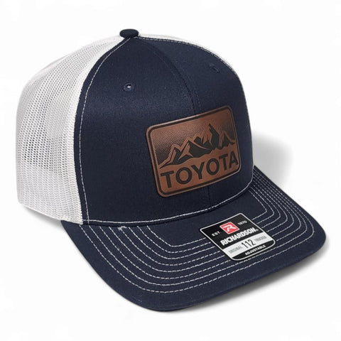 Navy / White Toyota Mountains Laser Engraved Vintage Style Leatherette Patch Trucker Richardson 112 Hat Cap
