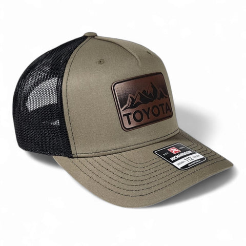 Loden / Black Toyota Mountains Laser Engraved Vintage Style Leatherette Patch Trucker Richardson 112 Hat Cap