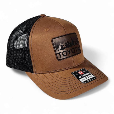 Caramel / Black Toyota Mountains Laser Engraved Vintage Style Leatherette Patch Trucker Richardson 112 Hat Cap