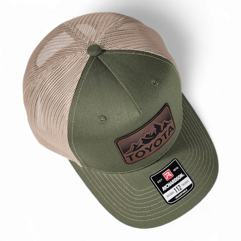 Dark Olive / Tan Toyota Mountains Laser Engraved Vintage Style Leatherette Patch Trucker Richardson 112 Hat Cap