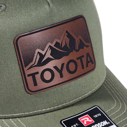 Dark Olive / Tan Toyota Mountains Laser Engraved Vintage Style Leatherette Patch Trucker Richardson 112 Hat Cap
