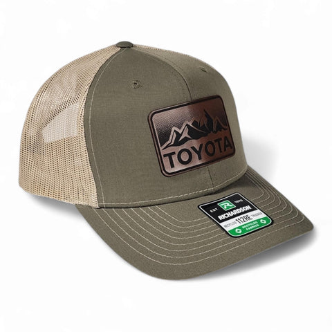 Loden / Khaki Toyota Mountains Laser Engraved Vintage Style Leatherette Patch Trucker Richardson 112 Hat Cap