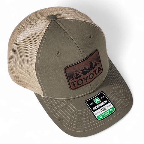 Loden / Khaki Toyota Mountains Laser Engraved Vintage Style Leatherette Patch Trucker Richardson 112 Hat Cap