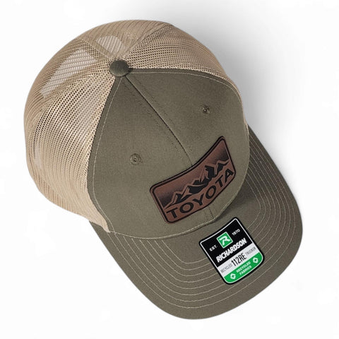 Loden / Khaki Toyota Mountains Laser Engraved Vintage Style Leatherette Patch Trucker Richardson 112 Hat Cap
