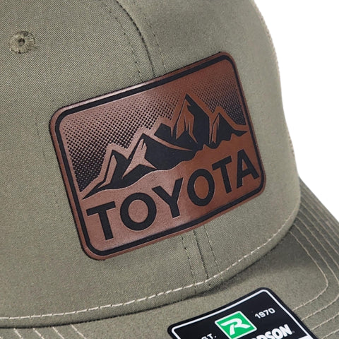 Loden / Khaki Toyota Mountains Laser Engraved Vintage Style Leatherette Patch Trucker Richardson 112 Hat Cap