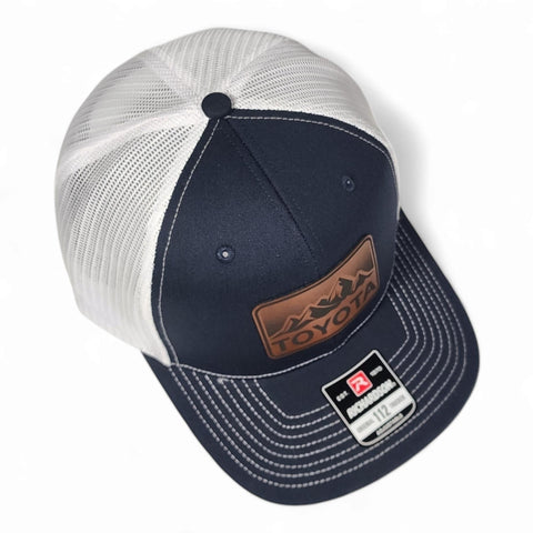 Navy / White Toyota Mountains Laser Engraved Vintage Style Leatherette Patch Trucker Richardson 112 Hat Cap
